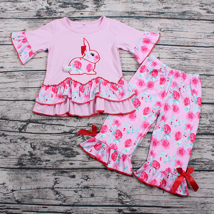 Girls pink rabbit capris sets