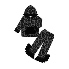 Load image into Gallery viewer, baby girls black leopard hood top ruffle pants sets
