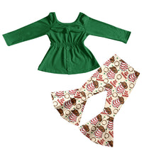 Load image into Gallery viewer, baby girls Christmas green top season bell pants sets
