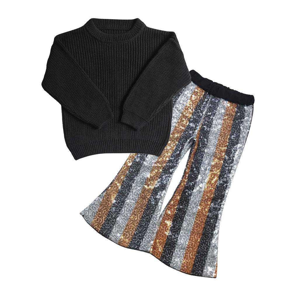 Baby Girls 2pcs Fall Black Long Sleeve Sweaters Black Sequin Bell Pants Sets