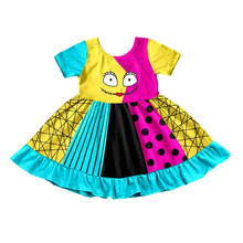 Load image into Gallery viewer, Baby girls Halloween half face flutter sleeve patchwork twirl dresses
