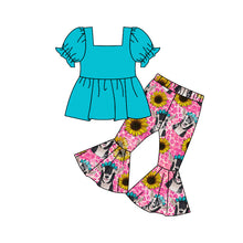 Load image into Gallery viewer, Baby Girls Western Aqua Cow Bell Pants Clothes Sets
