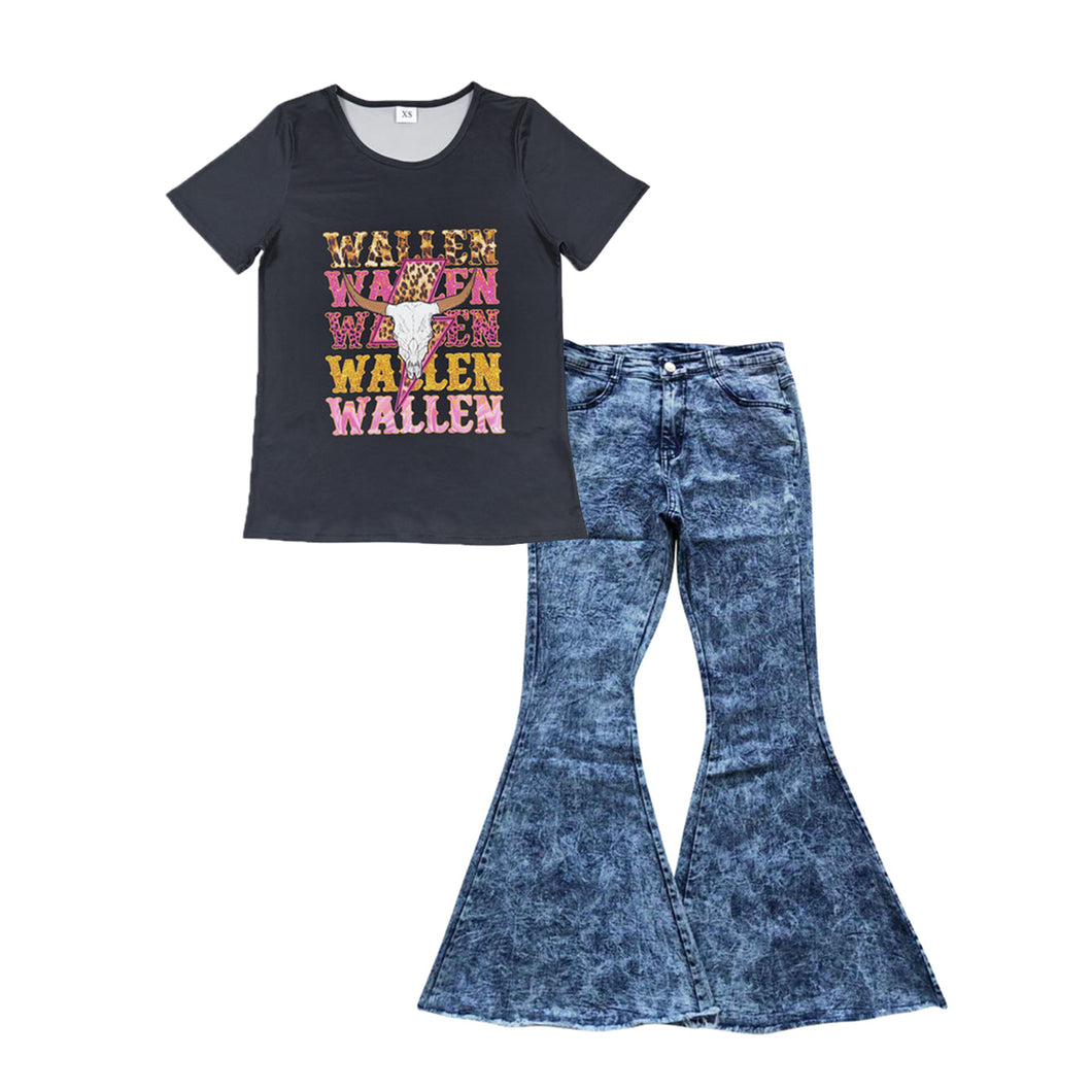 Adult Women Black Western Shirts Navy Denim Bell Pants Jeans Sets