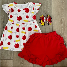 Load image into Gallery viewer, Baby girls apple back to school shorts sets
