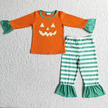 Load image into Gallery viewer, Halloween baby girls orange face ruffle pants pajamas sets
