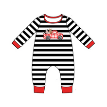 Load image into Gallery viewer, Baby boys farm tractor stripe ruffle rompers

