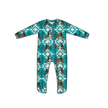Load image into Gallery viewer, Baby boys horse aztec zip footie rompers
