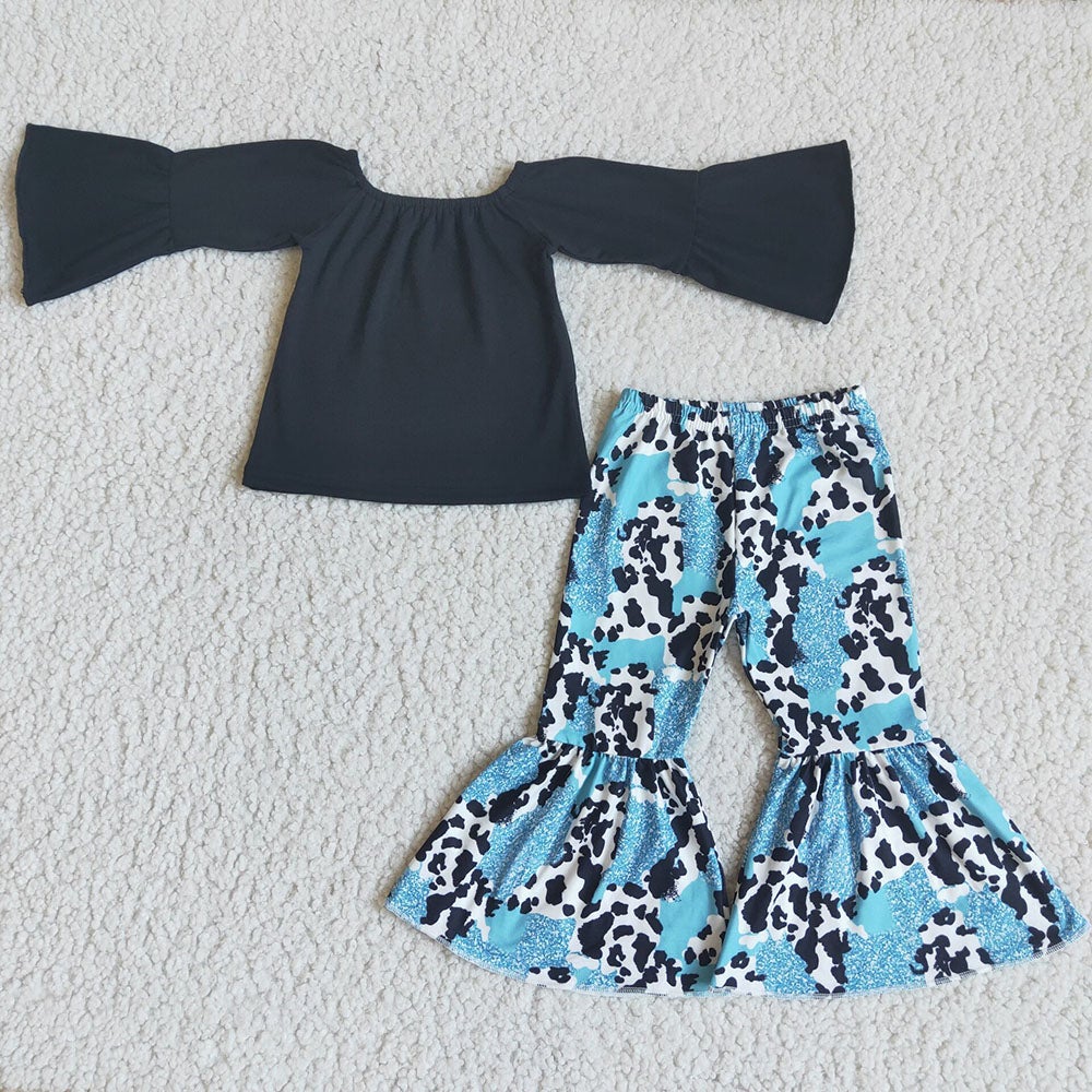Black Off shoulder top cow bell bottom pants sets