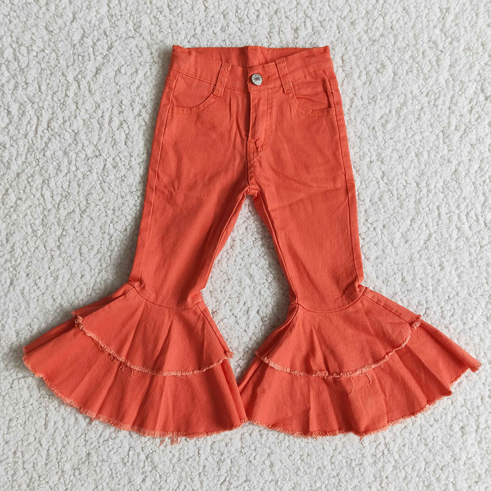 Baby Girls coral double ruffle denim jeans pants