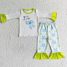 Load image into Gallery viewer, baby girls blue monster ruffle pajamas pants sets
