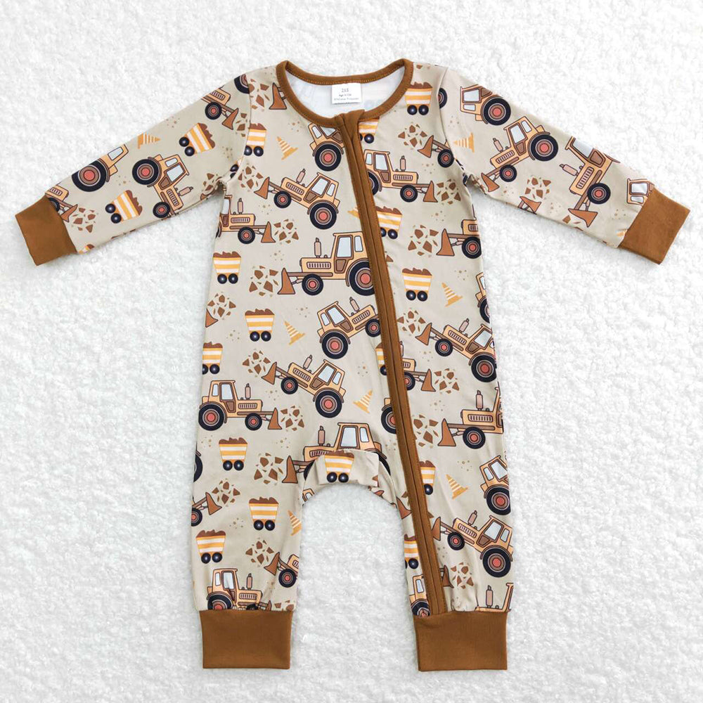 Baby Boys Brown Construction Zip Rompers