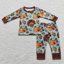 Load image into Gallery viewer, Baby Boys Thanksgiving Turkey Pie Ruffle Pants Pajamas
