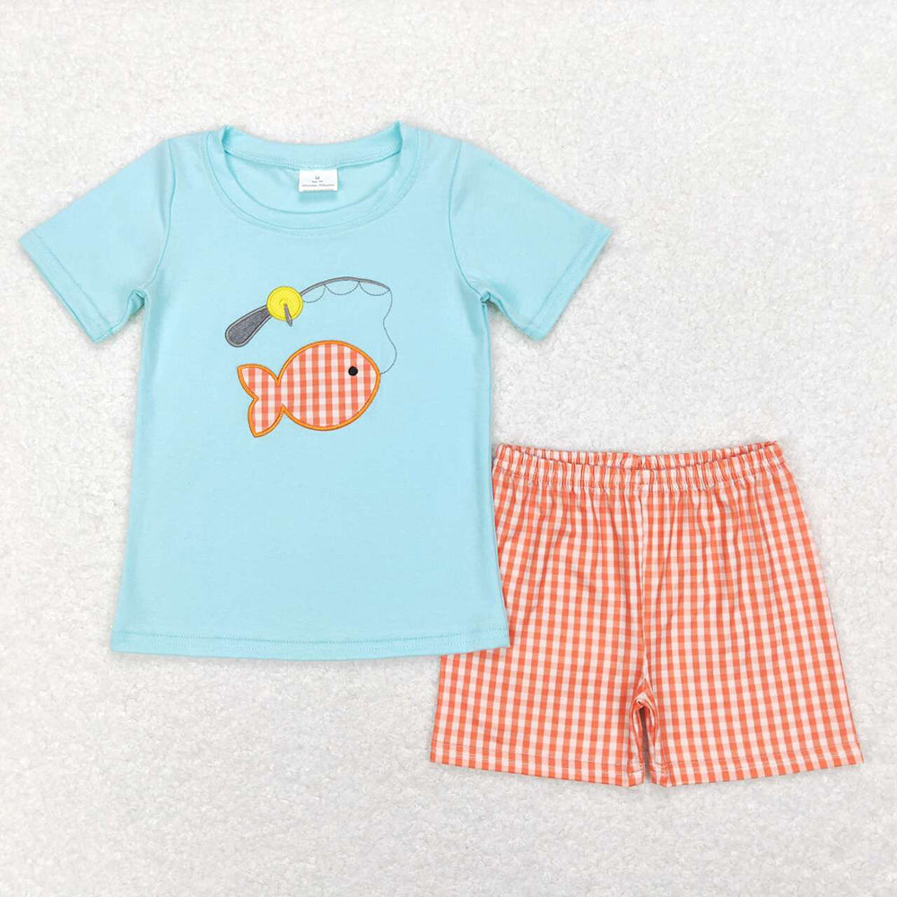Baby Boys Fishing Tee Orange Gingham Summer Shorts Clothes Sets