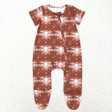 Load image into Gallery viewer, Baby Boys Western Aztec Cow Brown Short Sleeve Footie Rompers
