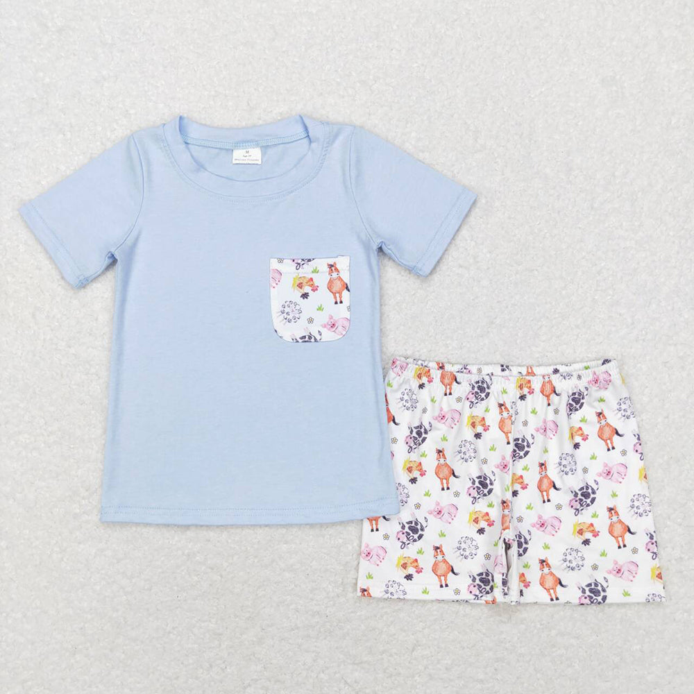 Baby Boys Cows Horse Blue Farm Shirt Top Shorts Clothing Sets