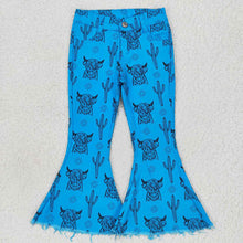 Load image into Gallery viewer, Baby Girls Blue Highland Cow Cactus Denim Bell Pants
