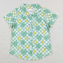 Load image into Gallery viewer, Baby Boys Green Checkered Quatrefoil St Patrick Days Buttons Tee Shirts
