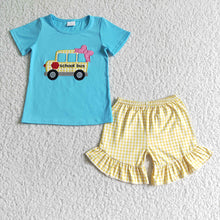 Load image into Gallery viewer, Baby girls back to school blue bow shorts sets
