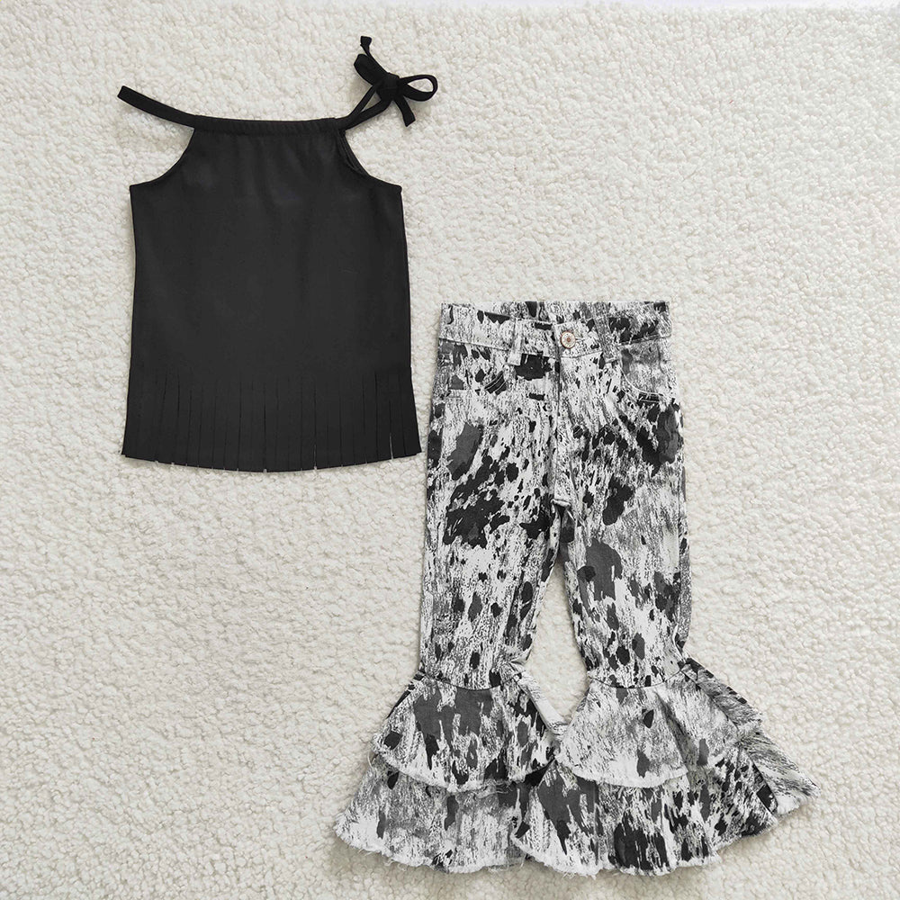 Baby Girls Black Halter Top Black Tie Dye Denim Pants Clothes Sets