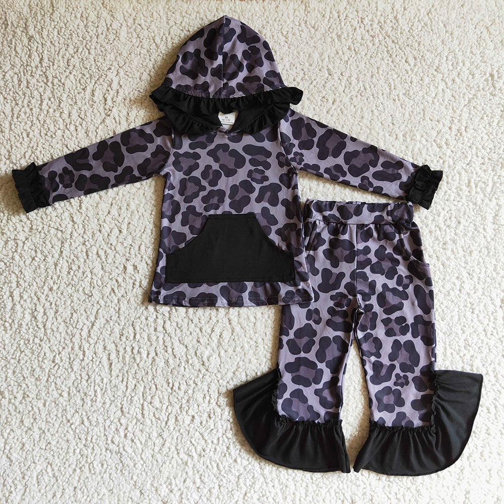 baby girls black leopard hood top ruffle pants sets