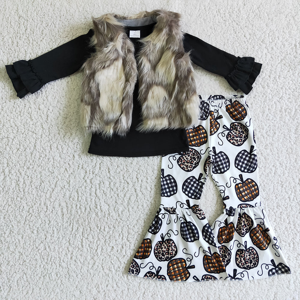 baby girls black shirt leopard pumpkin fur vest 3pcs pants sets