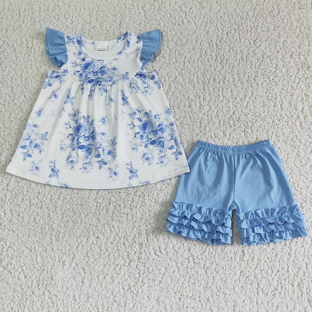 Baby Girls Blue floral pearl ruffle shorts sets