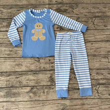 Load image into Gallery viewer, Boys Gingerbread blue stripe pajamas

