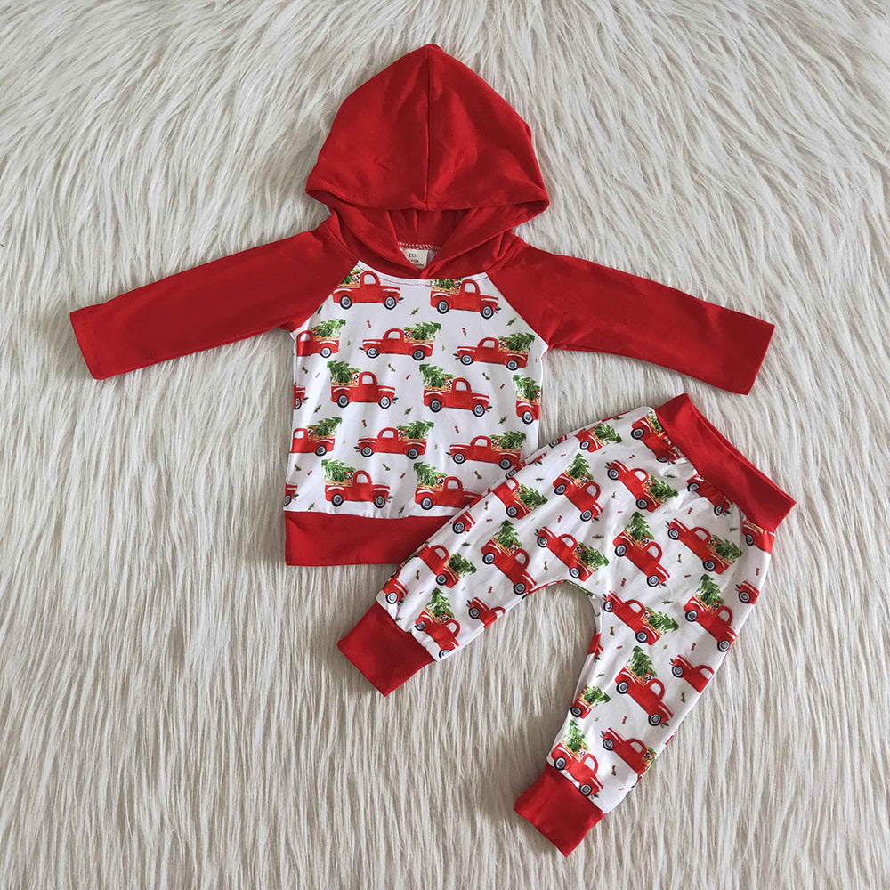 Baby boys red Christmas tree tractor hoodie sets
