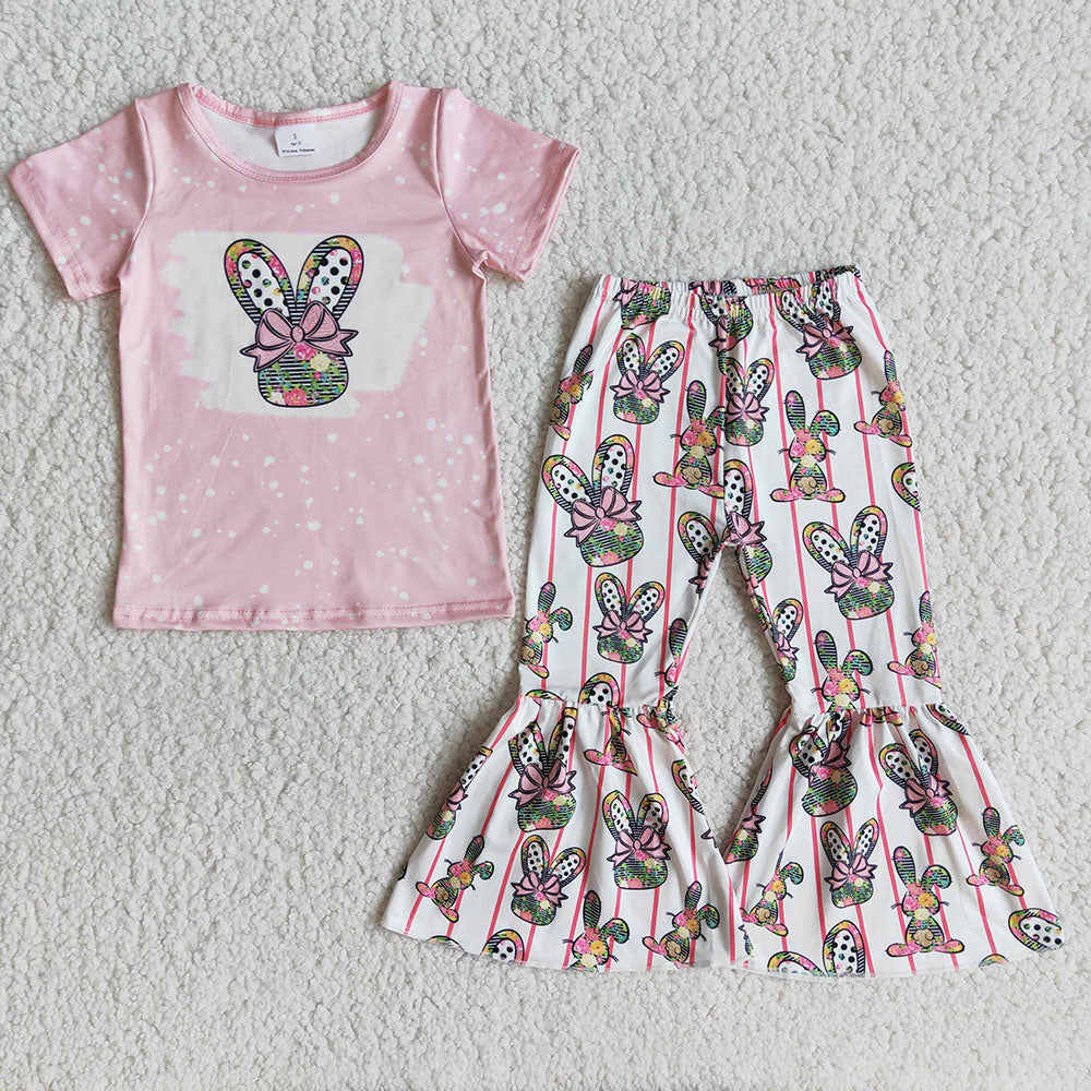 Baby girls easter pink bunny head outfits bell pants sets