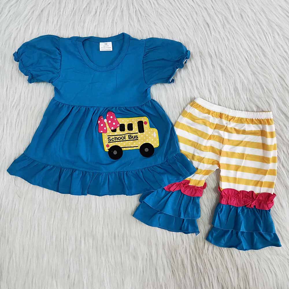 Blue school bus back to school capri set