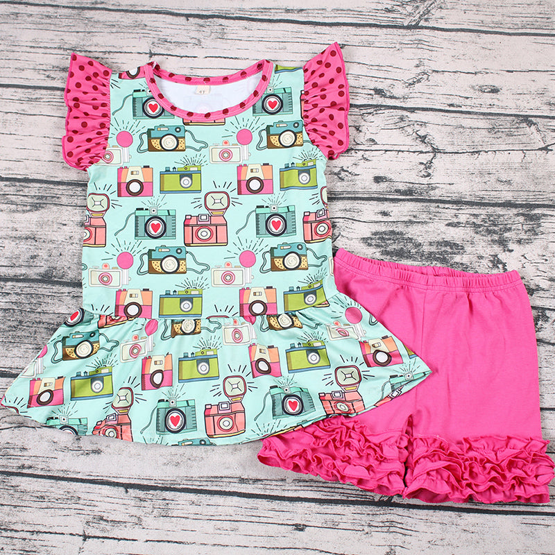 Baby girls camera top ruffle shorts sets