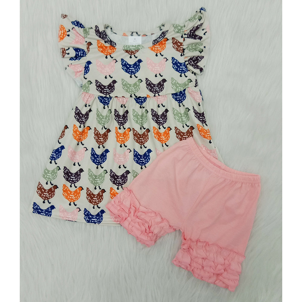 Colorful Chicken ruffles shorts set