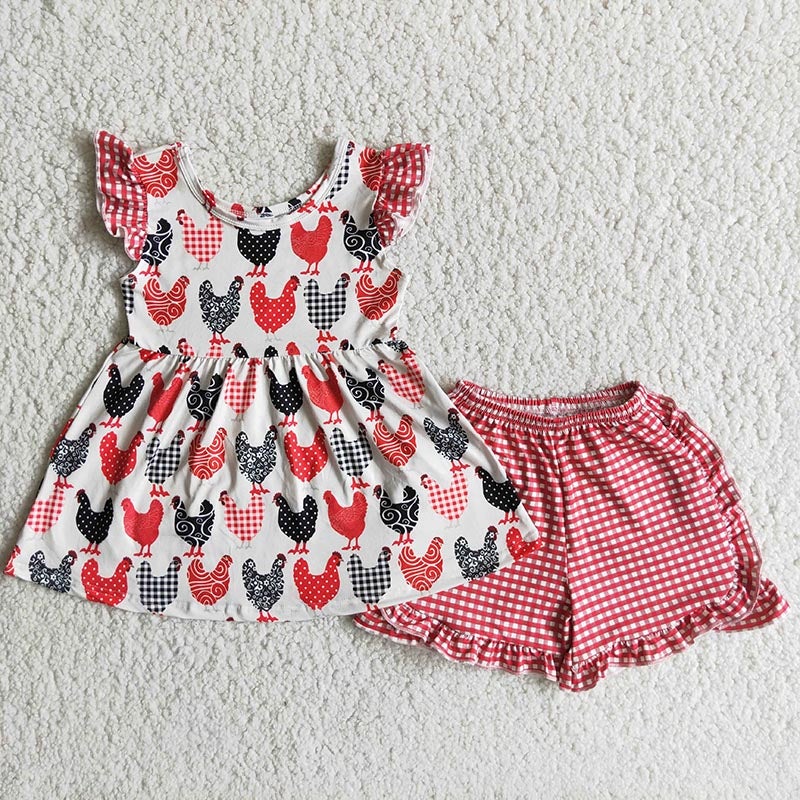 Chicken plaid ruffles shorts set