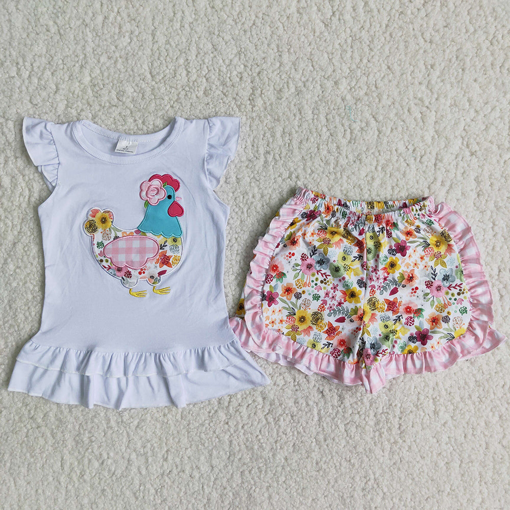 Baby girls chicken farm embroidered ruffle shorts sets