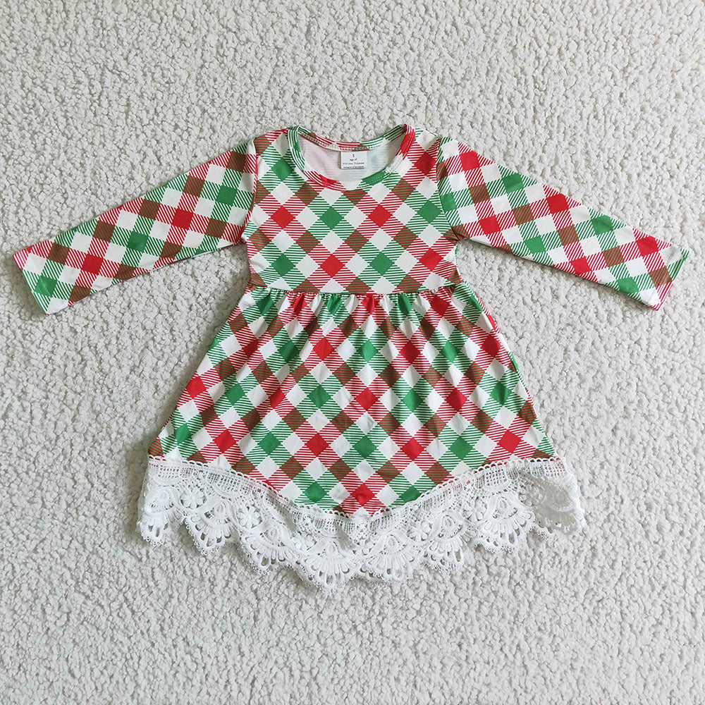 Baby girls Christmas green red plaid lace dresses