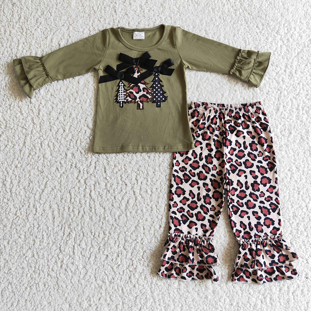 Baby girls Christmas tree green leopard pants clothes sets