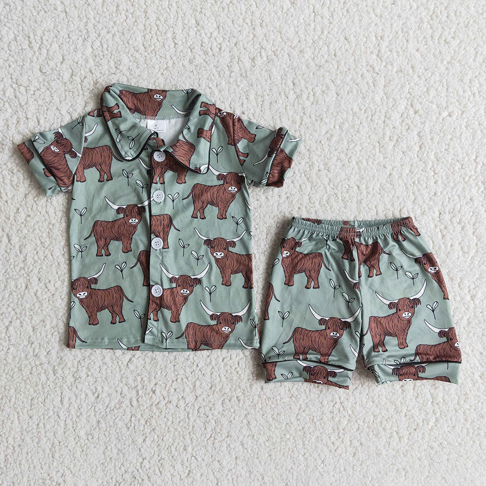 Baby boys western cow heifer short sleeve shorts summer button up pajamas sets