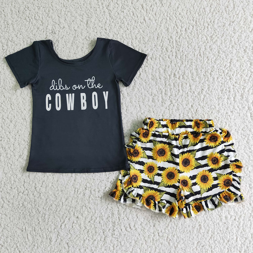 Baby girls black dibs on the cowboy sunflower shorts sets