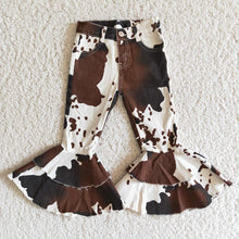 Load image into Gallery viewer, Cow print ruffle denim jeans
