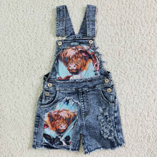 Load image into Gallery viewer, baby girls cow western denim summer shorts overalls
