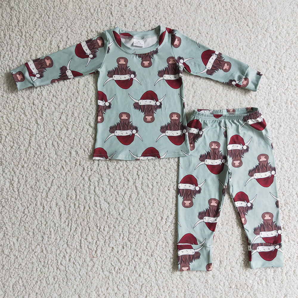 Baby Kids Christmas green cow pajamas clothing sets