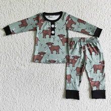 Load image into Gallery viewer, Baby Boys green west highland cow fall pajamas clothes sets
