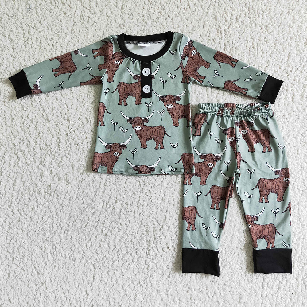 Baby Boys green west highland cow fall pajamas clothes sets