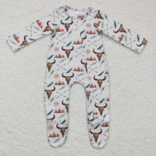Load image into Gallery viewer, Baby boys western cow zip footie rompers

