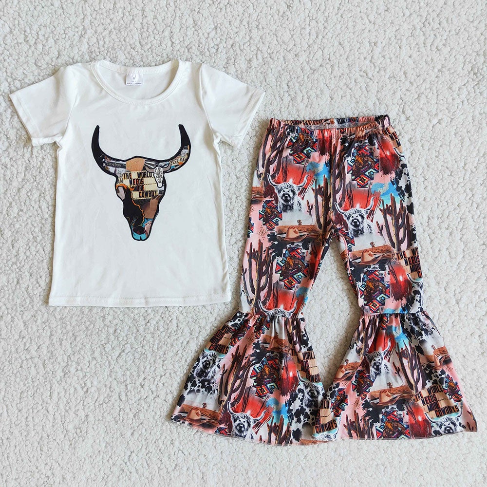 Baby girls cow skull white shirt top bell cactus pants clothing sets