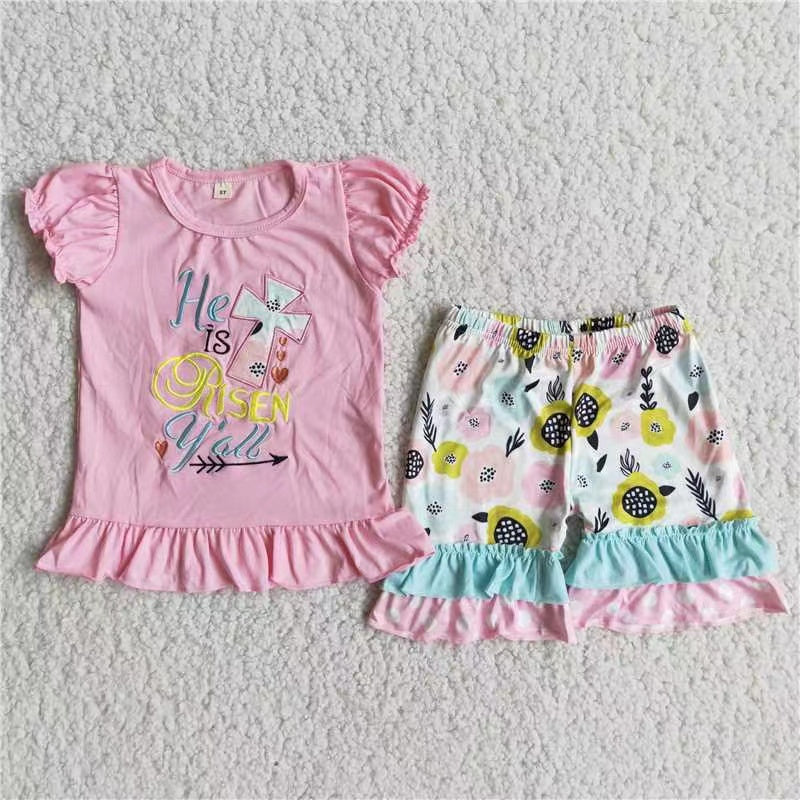 Baby girls pink cross easter embroidered shorts sets