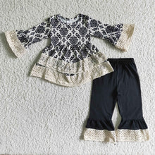 Load image into Gallery viewer, Baby Girls black Lace ruffle tunic damask pants clothes sets
