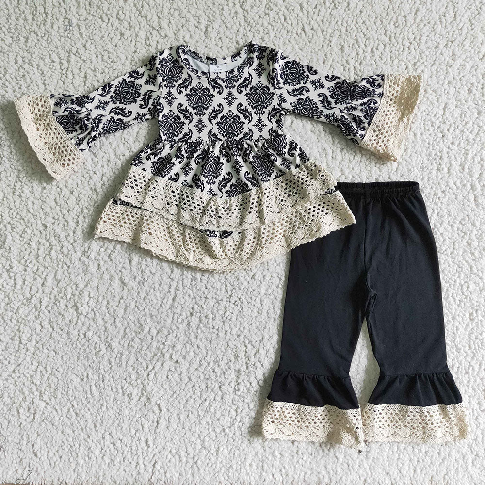Baby Girls black Lace ruffle tunic damask pants clothes sets