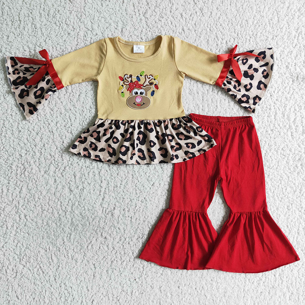 Baby girls Christmas deer red tunic pants clothes sets