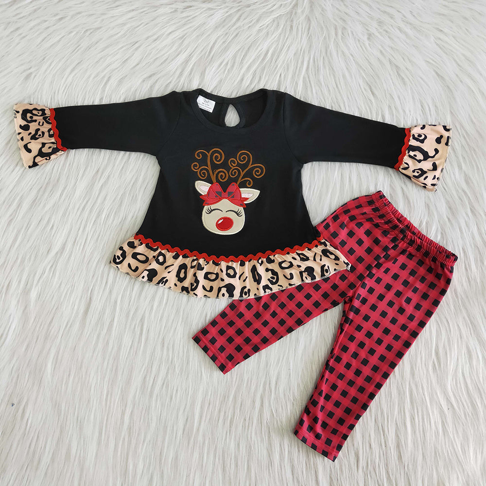 Baby Girls Christmas deer plaid pants clothing sets